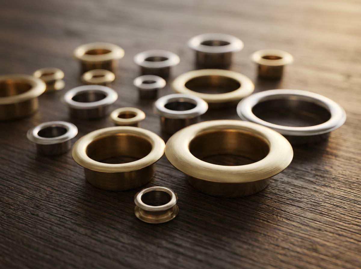 workwear eyelets, The image shows multiple workwear eyelets in different sizes and metal finishes arranged on a wooden surface.
